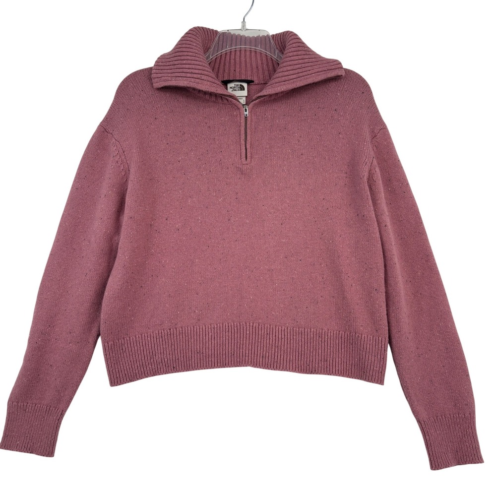 The North Face Quarter Zip Pullover Sweater Womens L Pink Speckled Wool Blend